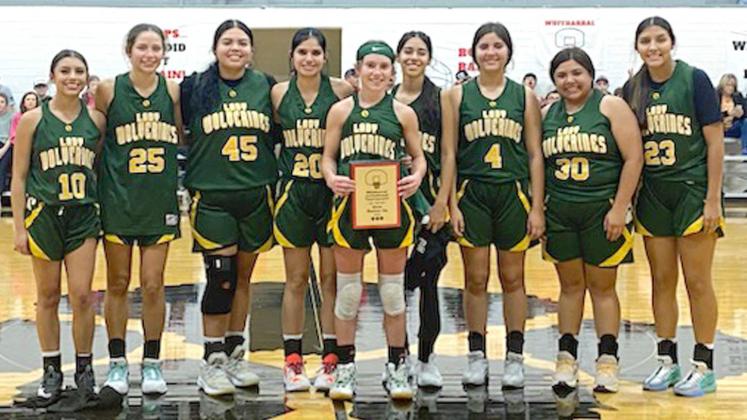 2023 WHITHARRALINVITATIONALRUNNER-UPS - The Springlake-Earth Lady Wolverines competed at the 2023 Whitharral Invitational this past weekend, where they fell to the host team Lady Panthers in the Championship game on Saturday, 64-42. (L-R): Aabriella Villanueva, Emma Samaron, Isabella Gonzales, DD Delgado, Taytum Goodman, Aryca Ibarra, Natalie Rosalez, Anaveah Delao, and Hannah Alvarez. (Submitted Photo)