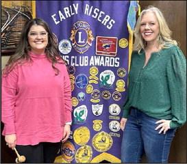 THE EARLY RISERS LION’S CLUB welcomed Shawna Hasting of Hillcrest Funeral Home for their Tuesday, Dec. 13th meeting. Hastings visited with our members about the benefits of funeral planning ahead of time to lessen the burden on family members, the business side of owning and operating a funeral home, especially in a small town, and answered questions from members. (Pictured L-R): DeLynn Butler and Shawna Hastings. (Submitted Photo)