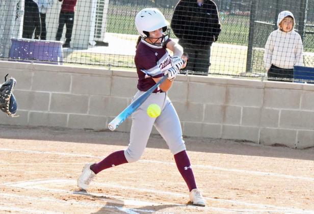 Littlefield junior, Bryndle Ray, led things off on Wednesday with a triple, in the Lady Cats, 23-2, victory over the Dimmitt Bobbies to open district play. Ray finished with four triples on the day. (Staff Photo by Derek Lopez)