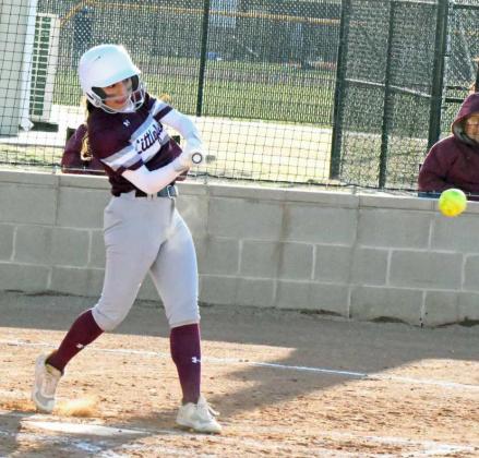 Littlefield’s Alyssa Torres, rips an RBI-single past shorstop in the top of the second inning of the Lady Cat’s district-opener against Dimmitt on Wednesday. (Staff Photo by Derek Lopez)