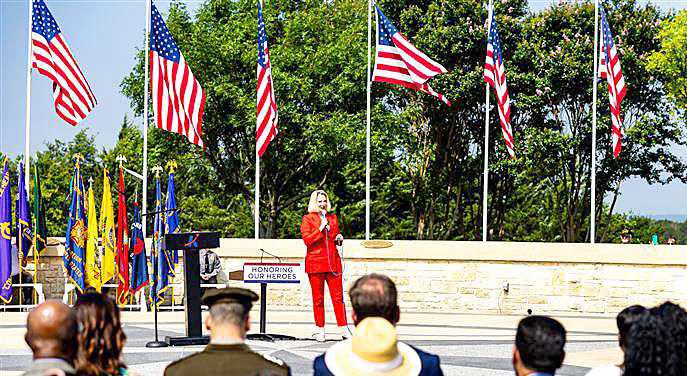 VLB Chairwoman Dawn Buckingham, M.D., speaks at the Central Texas State Veteran Cemetery in Killeen on Memorial Day 2024.