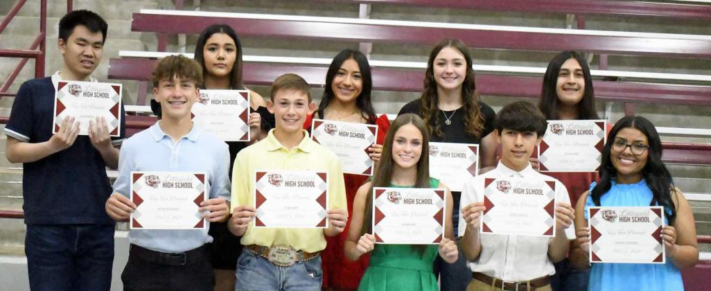 The sophomores who earned top 10%, were Payton Bussanmas, Tyson Carr, Caleb Caudillo, Madison Contreras, Sophie Garcia, Kevin Nachak, Bryndle Ray, Althea Reyna, Lyric Rios, Matthew Rios. (Staff Photo by Derek Lopez)