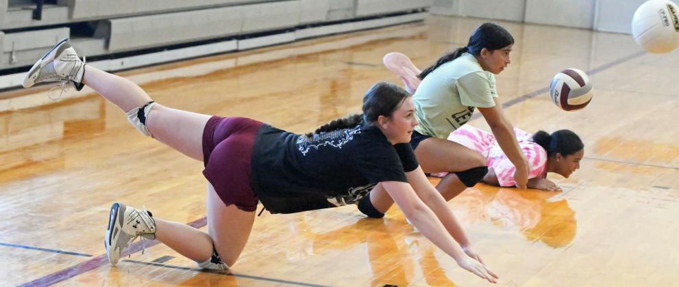 A group of Littlefield Lady Cat volleyball players work on digging the ball off the court, during their first day of two-a-days on Monday. (Staff Photo by Derek Lopez)