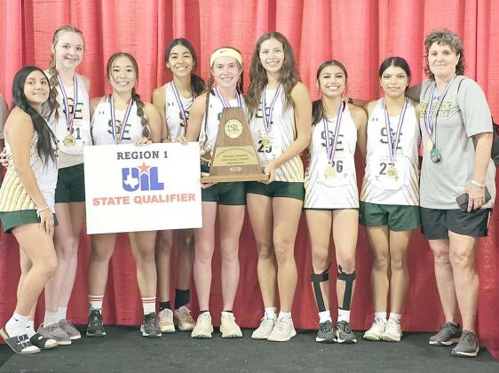 REGIONAL CHAMPIONS - The Springlake-Earth Lady Wolverines’varsity cross country team competed at the 1A Regional Track Meet on Monday morning at Mae Simmons Park, where they captured their second consecutive Region I Regional XC Championship. Look for full results in Sunday’s edition of the Leader-News. (L-R) Jessica Mendoza, Riley Furr, Marisela Rodriguez, Aryca Ibarra, Taytum Goodman, Emma Samaron, Aabriella Villanueva, Yareli Cortez and Head Coach Jeri Goodman. (Staff Photo by Derek Lopez)