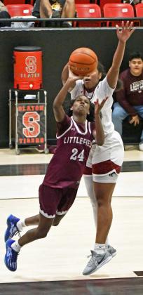 Littlefield freshman, Amoni Jefferson goes up for a tough lay-up, during the second half of the Lady Cats’ thrilling district victory over the Tigerettes in Slaton on Tuesday. (Staff Photo by Derek Lopez)