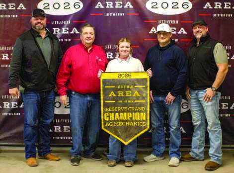 Ag Mechanics Reserve Grand Champion Ally Dalton poses with buyers from Texas Producers Co-Op, Lowe's, Lamb County Farm Bureau, Lamb County Electric, Caprock Dairy, Seth and Megan Sowder, Roll-A-Cone MFG and Skylar Sowder.