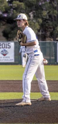 Olton’s Jett Tomsu, gets a sign from his catcher, during the Mustang’s game two loss to New Home in their 2A Bi-district series on Thursday. (Photo Courtesy of Harlow Gorman)