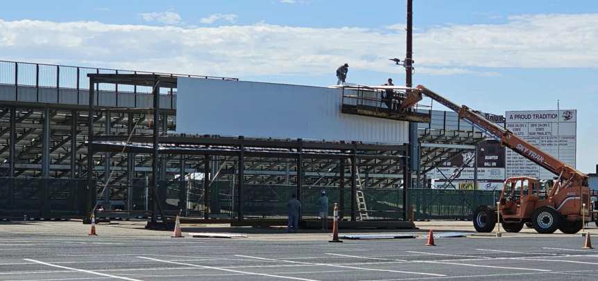The new Littlefield Press box construction is underway in the parking lot of Wildcat Stadium. (Staff Photo by Derek Lopez)