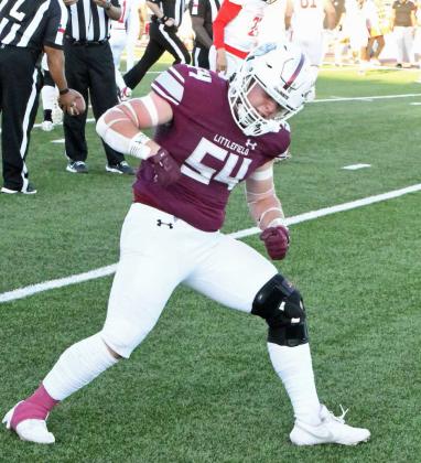 Littlefield senior, Jakob Kirkland, celebrates a forced fumble, during the first quarter of the Wildcats’, 55-9, victory over the Cubs on Friday at Wildcat Stadium. (Staff Photo by Derek Lopez)