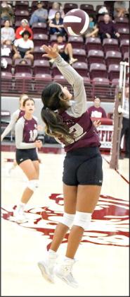GOING FOR THE KILL - Littlefield senior, Amiah Elizondo, leaps up to deliver a kill, during the Lady Cat’s, 2-0, victory over Lamesa on Tuesday, as part of their dual at Wildcat Gym. (Staff Photo by Derek Lopez)
