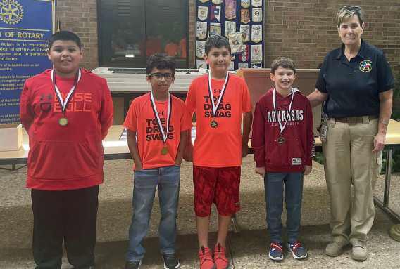 ROTARY REASONERS - The Rotary Club of Littlefield recognized the most improved fifth grade reasoners from the first six weeks. (Shown): Waverly Aduddell, Ethan Rivas, Draven Hernandez, Camden Melendez and Club President Kay King. (Submitted Photo)
