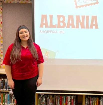 Anais Osmenaj is a foreign exchange student from Albania. She is attending Littlefield High School this school year. Anais had a presentation over Albania for some staff and students at Littlefield High School. She taught the students an Albanian dance and the students performed the dance during the presentation. It was a wonderful experience. (Littlefield H.S. Photos)