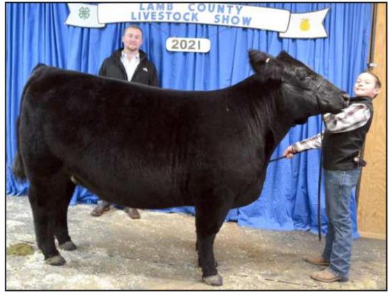 GRAND CHAMPION BEEFHEIFER—Ty Carr with his Main Anjou heifer, and Judge Kinder Harlow. (Staff Photo by Joella Loworn)
