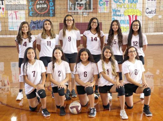 LADY CATS EIGHTH GRADE VOLLEYBALL A-TEAM – This year’s Littlefield Lady Cats volleyball eighth grade A-team is coached by Trevor Edgemon. (Back L-R): Cali Saldano, Gabby Medina, Myli Hernandez, Nevaeh Esquibel, Cassidy Pinon and Briana Valdez. (Front L-R): Alyssa Torres, Madison Brown, Daniah Perea, Brianna Martinez and Brinley Acevedo. (Submitted Photo)