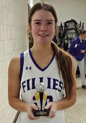 Olton Fillie Jentry Bressler earned All-Tournament honors at the Way Out West Tournament in Whiteface this past weekend, as the Fillies finished second place, taking down Borden County in their final game on the weekend. (Submitted Photo)