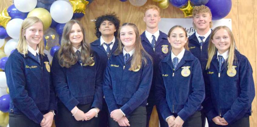 FFA OFFICERS for 2023-2024 are front row President- Kamryn Meiwes, Vice President- Caitlyn Black,Reporter- Devyn Crouch, Chaplin- Teagan Miller and Treasurer- Lauren Turpin. Back row-left to right- Sentinel- Caesar Martinez, Student Advisor- Samuel Hill, and Secretary- Brendon Bowman. (Photo by Ann Reagan)