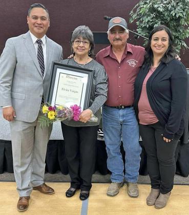 Dezi Vargas, President of First Federal Bank in Littlefield, presented Elvira Vargas with a Lifetime Achievement Award, during a luncheon hosted by the Rotary Club of Littlefield that was held on Wednesday, April 26th. (L-R): Dezi Vargas, Elvira Vargas, Ray Vargas, Heather Castillo. (Submitted Photo)