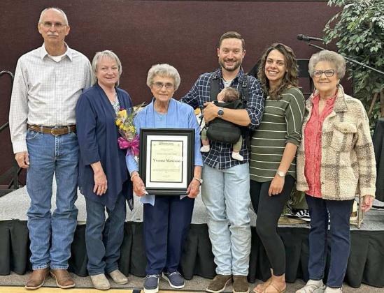 Rotary Club of Littlefield honored Yvonne Maxfield with a Lifetime Achievement Award, during a luncheon that was held on Wednesday, April 26th. (L -R): Rodney Maxfield,Donna Maxfield, ,Lifetime Achievement Award recipient, Yvonne Maxfield, Jeremy and Jessica Maxfield with baby Emma, and Wanda Patterson. (Submitted Photo)