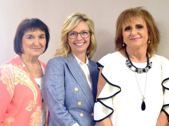 Kay Franklin presenter, guest speaker Angela Carter of Aldersgate Methodist Church Lubbock, and Master of Ceremonies Kathy Shipp at the Administrative Professionals Luncheon, on Wednesday, April 26, 2023. (Photo by Ann Reagan)