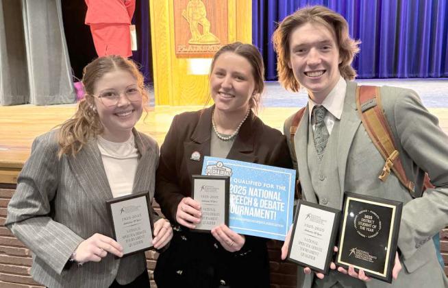 Jolie Dyke and Garicyn Bigham advanced in CX Debate and Drew Lockhart advanced in Program Oral Interpretation. They won berths to the National NSDA Tournament this June in Des Moines, Iowa. (Sudan ISD Photo)