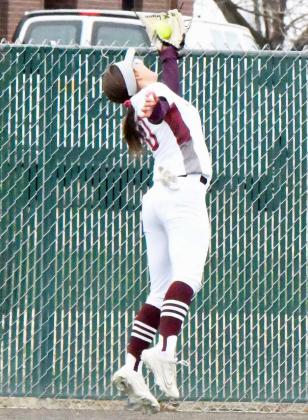 Littlefield center fielder, Myli Hernandez, makes a catch at the warning track to take away an extra-base hit from Tulia in the top of the second inning of the Lady Cats, 11-1, victory over the Lady Hornets on Wednesday at Lady Cat Field. (Staff Photo by Derek Lopez)