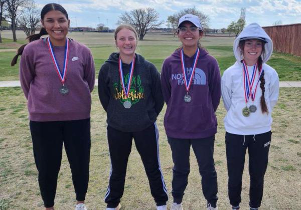 The Springlake-Earth Lady Wolverines’ varsity golf team took second place at a golf tournament in Dimmitt put on by Lazbuddie. Taytum Goodman placed first individually. (Shown L-R): Hannah Alvarez, Braylee Herriage, Ennah Mosqueda and Taytum Goodman. (Submitted Photo)