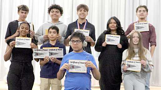 SEVENTH GRADE MOST IMPROVED STUDENTS: Back row: Lexi Wright, Axel Flores, Christopher Walters, and Leighton Thomas. Back row: Christian Gotcher, Jesus Scarpett, Dominic Garcia, Maite Alvarez, and Hayden Lopez. (Submitted Photo)