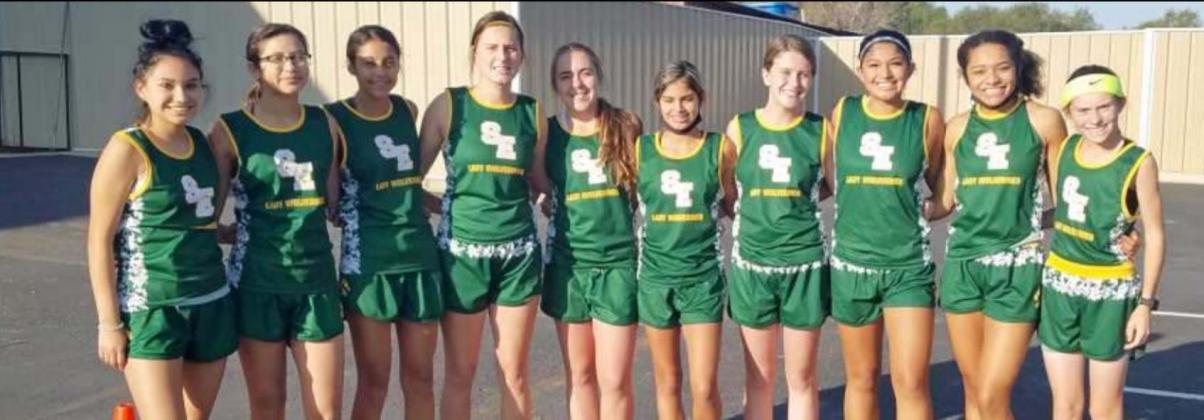 SECOND PLACE – The Springlake-Earth Lady Wolverines’ varsity cross country team placed second overall at the Abernathy Meet on Saturday, behind only the host team Abernathy. (Shown L-R): Kimberly Cruz, Emma Samaron, Adamarie Hernandez, Carsaan Baker, Sydney Furr, DeDe Delgado, Katy Jones, Mahalia Delgado, Kani Holmes and Taytum Goodman. (Submitted Photo)