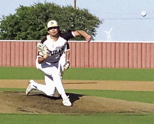 Caleb Groetken came on in relief duty pitching 2.1 innings, giving up four hits, five walks and six unearned runs, while striking out four batters, during game two of the Hornet’s Bi-district series with the Ropes Eagles. (Staff Photo by Derek Lopez)