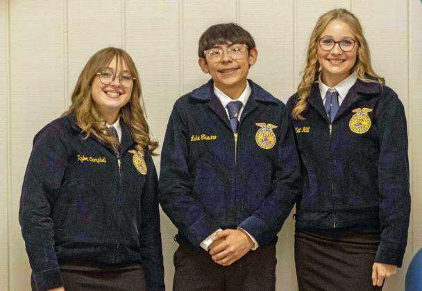 Taylor Campbell, Luke Trevino and Kat Hill pose to receive recognition for participating in the Horse Career Development Event at the annual FFA banquet on May 12, 2025. (Staff Photo by Madison Vidales)