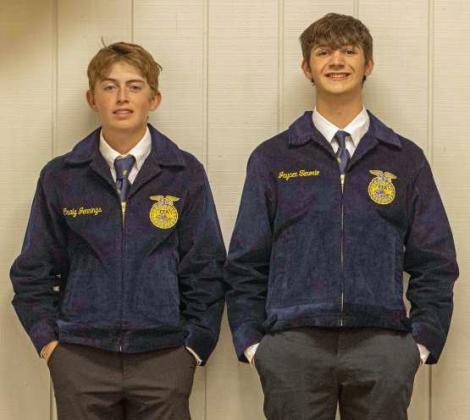 Craig Jennings and Ky Hays pose to receive recognition for participating in the Career Development Events at the annual FFA banquet on May 12, 2025. (Staff Photo by Madison Vidales)