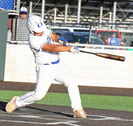 Olton’s Fabian Gutierrez has a high pop up fall in shallow left-center field for a single to give the Mustang’s a base runner in the top of the third inning of their, 9-0, bi-district loss to Ropes in Littlefield on Thursday. (Staff Photo by Derek Lopez)