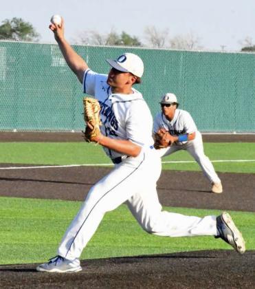 Olton’s Alan Vasquez started on the mound for the Mustangs on Thursday in their Bi-district contests against Ropes. He threw 3.2 innings, giving up six walks and seven runs, while earning three strikeouts, during their, 9-0, bi-district loss to the Eagles. (Staff Photo by Derek Lopez)