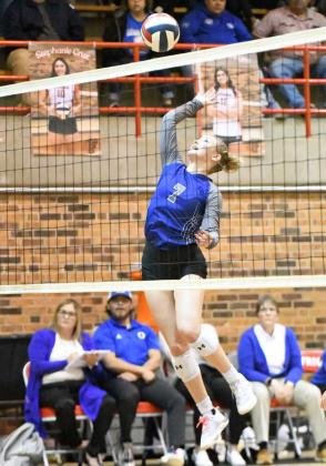 Olton senior, Analise Ramage, leaps up to deliver a kill attempt, during the Fillies’ Bi-district match-up with Highland Park on Monday in Friona. (Staff Photo by Derek Lopez)