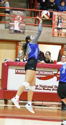Olton junior, Denisse Alvarado, delivers a hit looking for a point, during the Fillies’ Bi-district match-up with Highland Park on Monday in Friona. (Staff Photo by Derek Lopez)