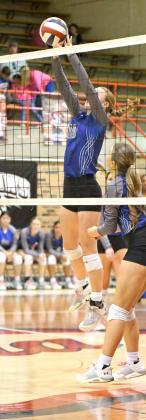 Olton junior, Amie Beelitz, delivers a block, during the Fillies’ Bidistrict match-up with Highland Park on Monday in Friona. (Staff Photo by Derek Lopez)