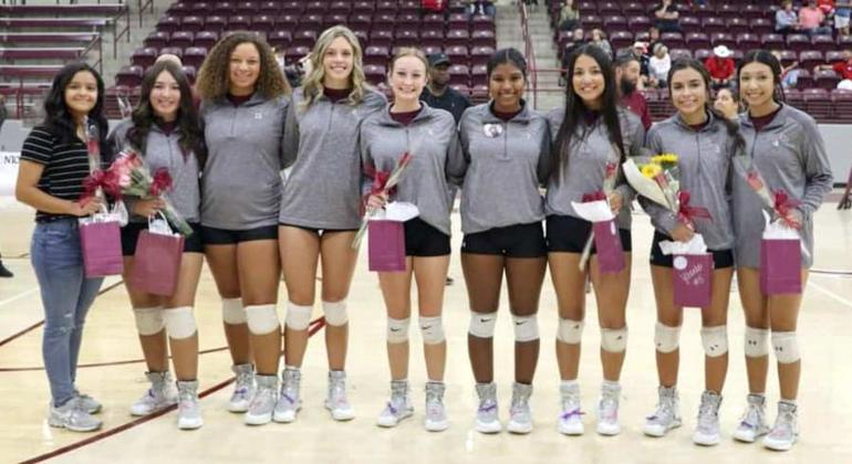 at Wildcat Gym. (L-R): Manager Cadence Sanchez, Alex Hernandez, Kaeleigh Logan, Madison McNeese, MyKenzie Price, Kiara Wright, Vivika Ballejo, Abigail Ybarbo and Jessica Rojero. (Submitted Photo) SENIOR NIGHT 2022 - The Littlefield Lady Cat volleyball seniors were honored prior to Tuesdays regular season finale against Shallowater