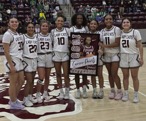 Littlefield sophomore, Amoni Jefferson, celebrated surpassing 1,000 career points on Tuesday with her teammates, after their game against Idalou. (Submitted Photo)
