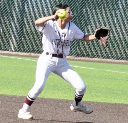 Littlefield Lady Cats’ second baseman, Brinley Acevedo, fields up a ground ball and fires it to first for an out, during the Lady Cat’s., 5-4, victory over the Muleshoe Lady Mules on Tuesday at Lady Cat Field. (Staff Photo by Derek Lopez)