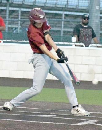 BAT ON THE BALL– Littlefield’s Adam McDonald lays down a hit, during the Wildcat’s victory over Hereford at the Babe Ruth State Tournament on Thursday. (Staff Photo by Derek Lopez)