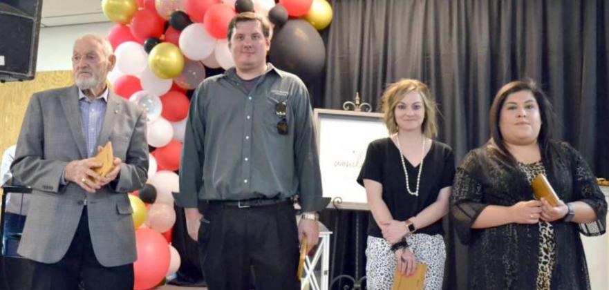 RETIRING CHAMBER DIRECTORS are, left to right, Jim Jones, Amdrew eosemwome. Holly Nelson, and Monica Gonzales. Not shown is Wesley Gaffney. (Staff Photo by Joella Lovvorn)