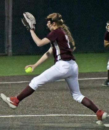 MOWING BATTERS DOWN – Littlefield junior pitcher, Brookelyn Gau, tosses 14 strikeouts, during the Lady Cats, 3-1, victory over the Lady Mules on Saturday at Lady Cat Field in their regular season finale. (Staff Photo by Derek Lopez)
