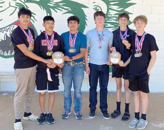 The Springlake-Earth Junior High Wolverines’ track team brought home to first place finishes and a third place finish at the District Track Meet. The 4x100-meter relay team of Riley Ball, Levi Hill, Nathan Ramos and Brian Longoria clocked a first-place time of 50.19, while the 4x400-meter relay team of Ball, Ramos, Kaylob Frietza and Longoria turned in a first-place time of of 4:16. the 4x200-meter relay team of Ball, Waylon Welch, Ramos and Longoria finished third with a time of 1:51. (Submitted Photo)