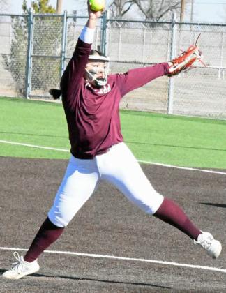 Littlefield’s Natalia Sanchez took the circle on Saturday in the Lady Cat’s first softball scrimmage of the season against Levelland. (Staff Photo by Derek Lopez)