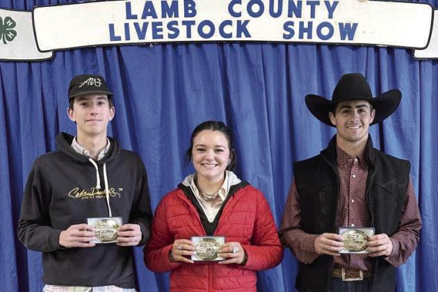 Sudan FFA took home three of the four grand champion titles awarded at the Lamb County Stock Show on Saturday. Kooper Edwards earned Grand and Reserve Grand Champion Market Lamb, Emry Humphreys earned Grand Champion Market Swine, and Kincaid Boehning earned Grand Champion Market Steer. Sudan FFA had many other students who exhibited and earned class winning titles as well. (Submitted Photo)