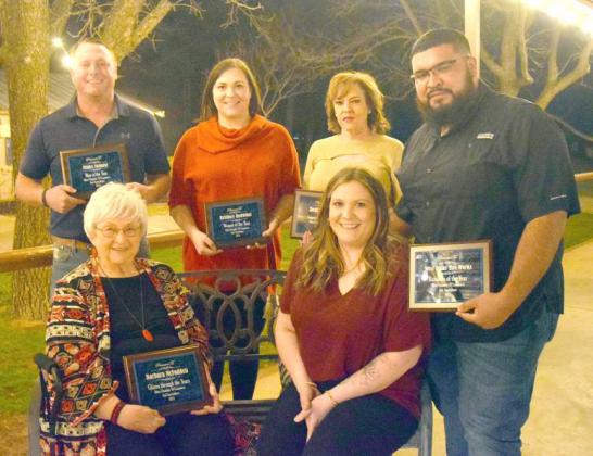 Standing left to right- Blake Neinast Man of the Year, Brittany Redwine- Woman of the Year, Denise Hasha- Support Staff of the Year, (seated left) Barbara McFadden- The Citizen Through the Years, (seated right) Katie Ruiz and standing far right- Chris Ruiz of West Texas Tire Works-Business of the Year. (Photo by Ann Reagan)
