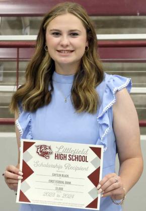 Caytlin Black was the first recipient of the Elvira Vargas Scholarship presented by Dezi Vargas and Elvira Vargas representing the First Federal Bank.