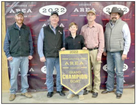 GRAND CHAMPION GOAT BUYERS. Kooper Edwards’ goat’s donors are represented by Lance Insurance, Lamb County farm Bureau, TPC, Lee and lorretta Ray, Sawyer Construction, Capital Farm Credit of Muleshoe, Attebury Grain, Seth and Meaan Sowdr, King Ag Aviation, Firt United Bank of Sudan, Lamb Couty electric Coop, Tanner Heffington Farms, Heffington Farms &amp;amp; Adjustment. (Saff Photo by Joella Lovvorn)