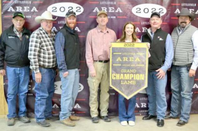 GRAND CHAMPION LAMB BUYERS for Kyndal Edwards. Buyers repreent Lance Insurance, Lamb County Farm Bueau, Texas Producers Cooperative, Lee and Lorretta Ray, Sawyer Construction, Capital Farm Credit of Muleshoe, AtteburyGrain, King Ag Aviation, First United Bank, Lam County Electgroic Coop, Taer Heffington Farms, and Heffington Farms. (Staff Photo by Joella Lovvorn)
