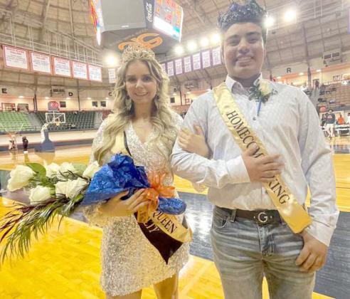 South Plains College announced Edgar Delgado (right) of Sudan and Kallie Ketchersid of Ropesville as the 2024 Homecoming King and Queen, respectively, during halftime at the Texans/Western Texas College basketball game on Feb. 15 in the Texan Dome. (SPC Photo/Student Life)